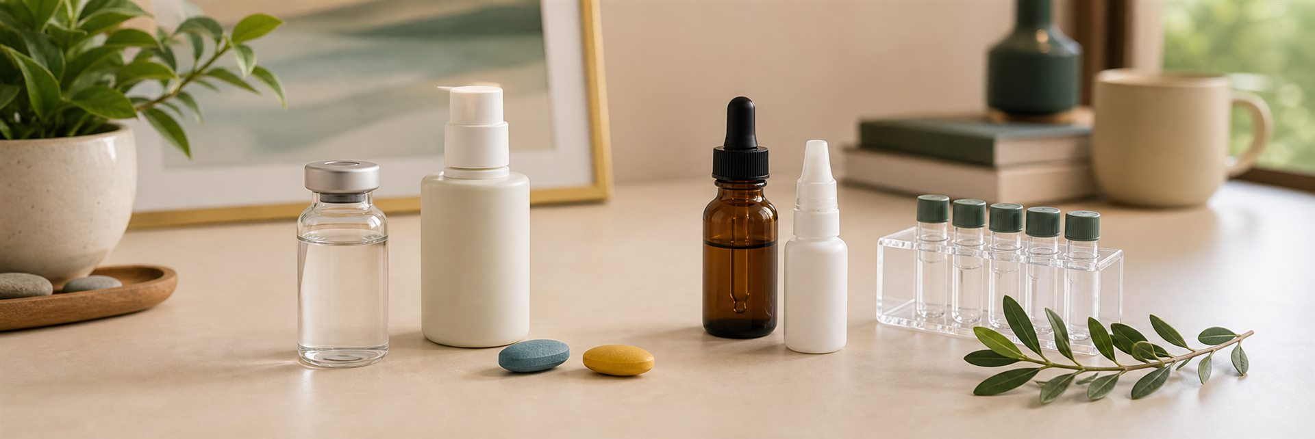 Generic men's health treatment option items including medication bottles, tablets, lab tubes, and botanical support