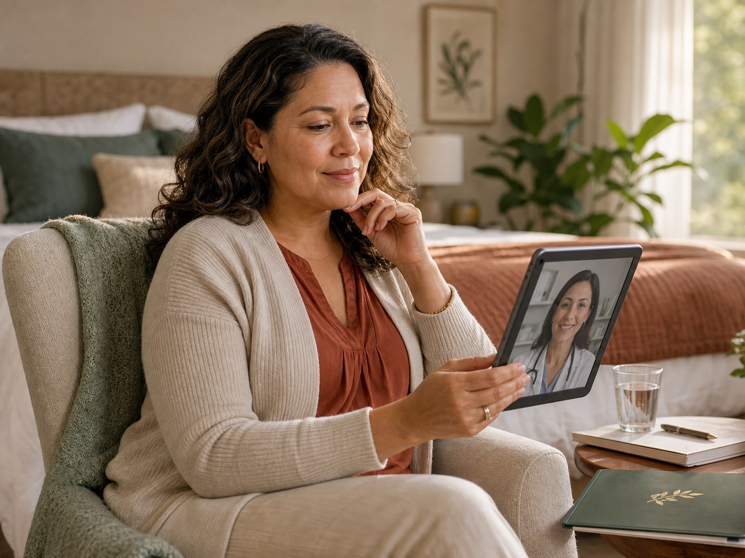 Woman speaking privately with a clinician during a telehealth hormone-care visit